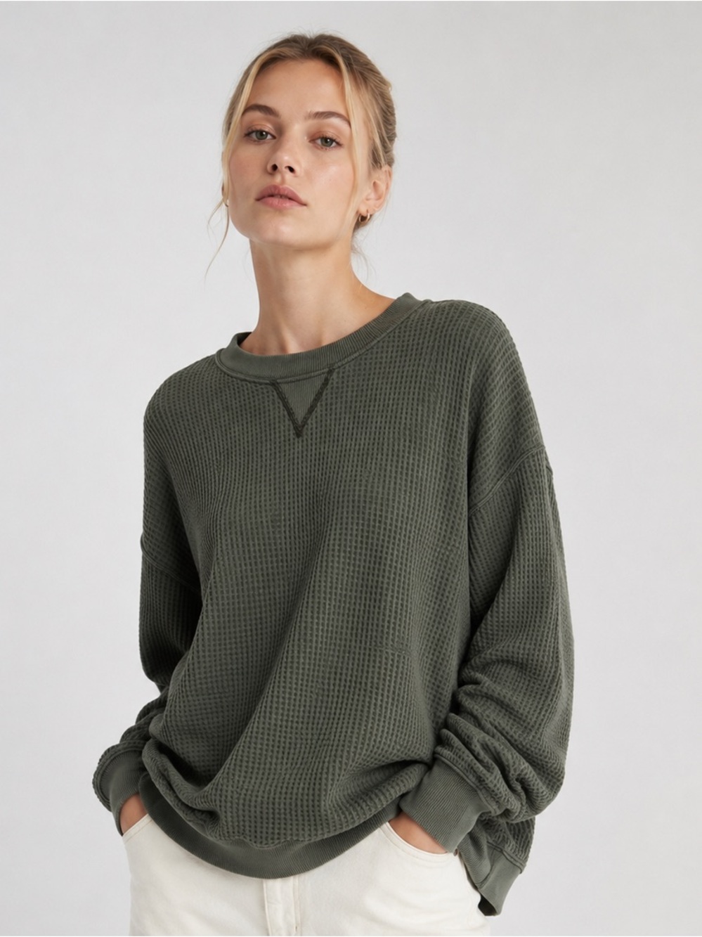 Aerie Waffle Knit Oversized Crewneck Sweatshirt Olive